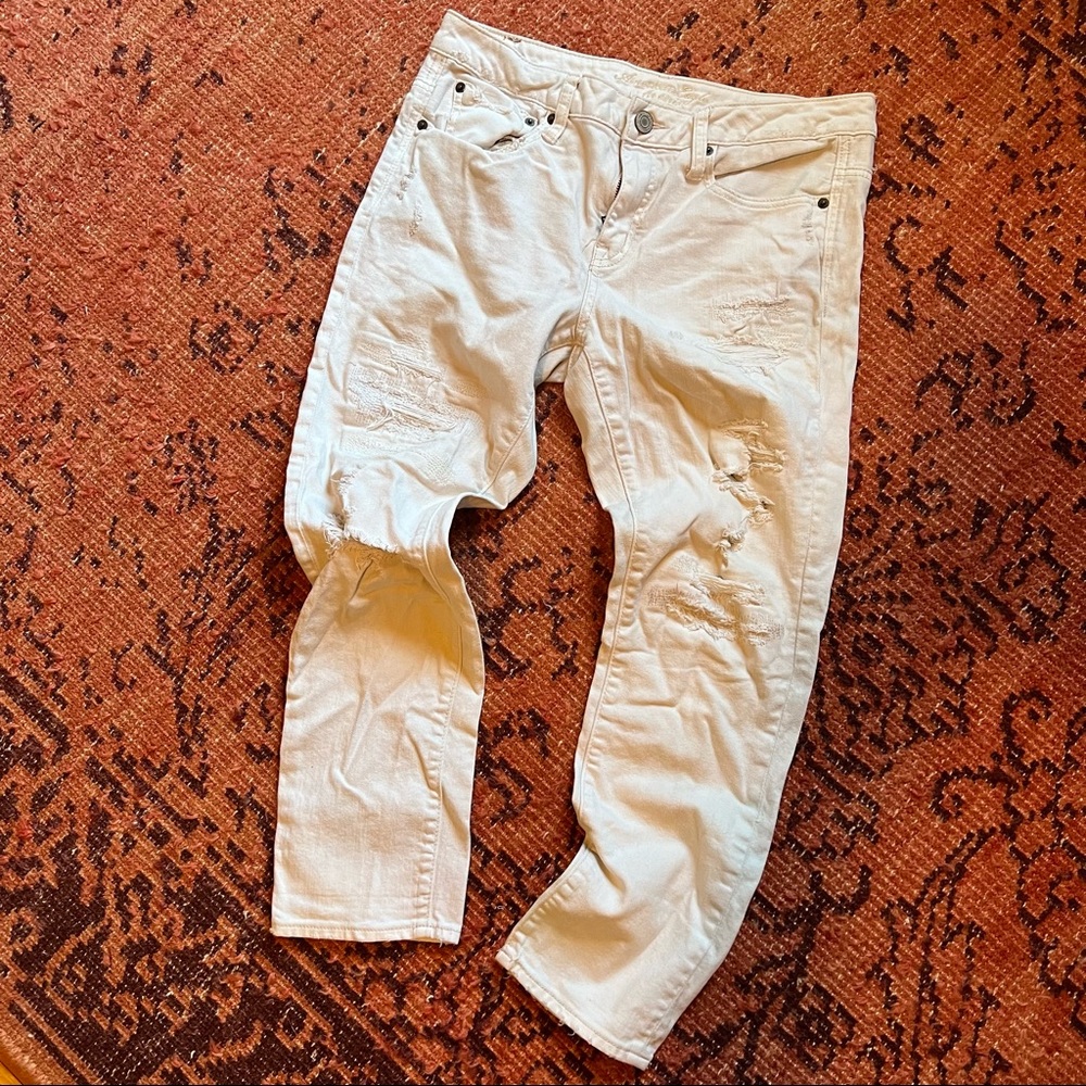 American Eagle Slouchy Stretch Ripped White Crop Jeans